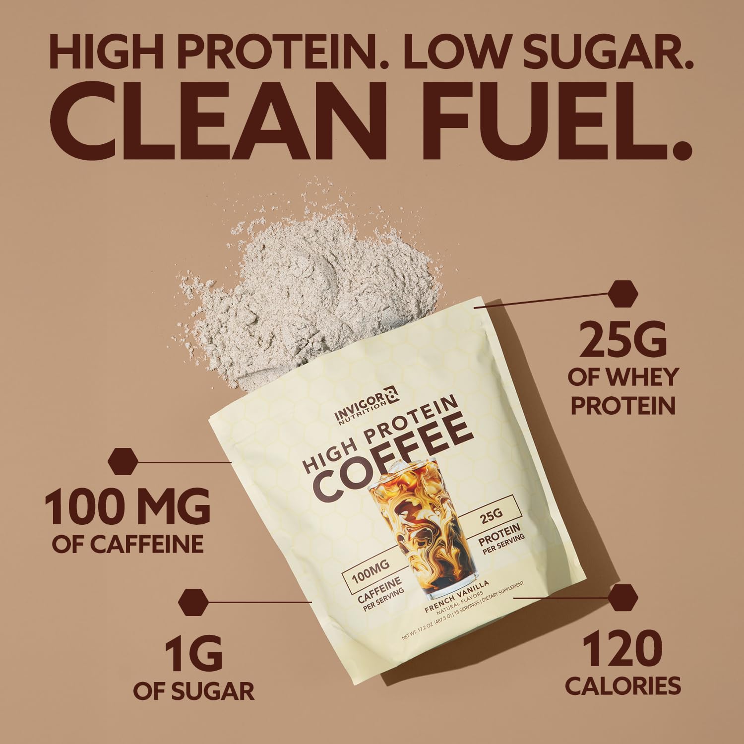 Café proteico helado INVIGOR8, opción refrescante para el mediodía.