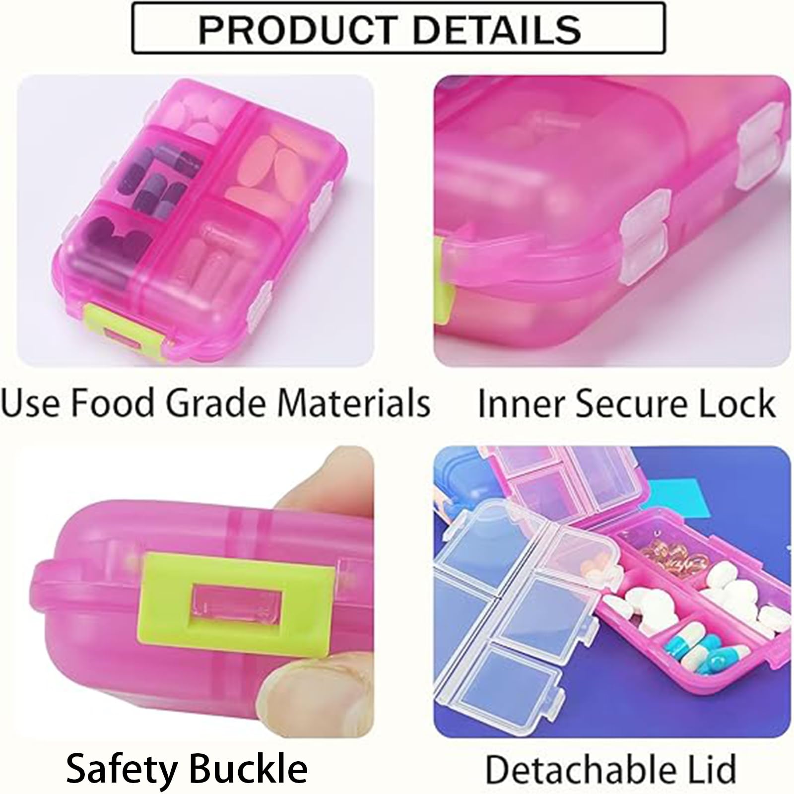 INVODA caja de pastillas con diez compartimentos en rosa, almacenamiento organizado.