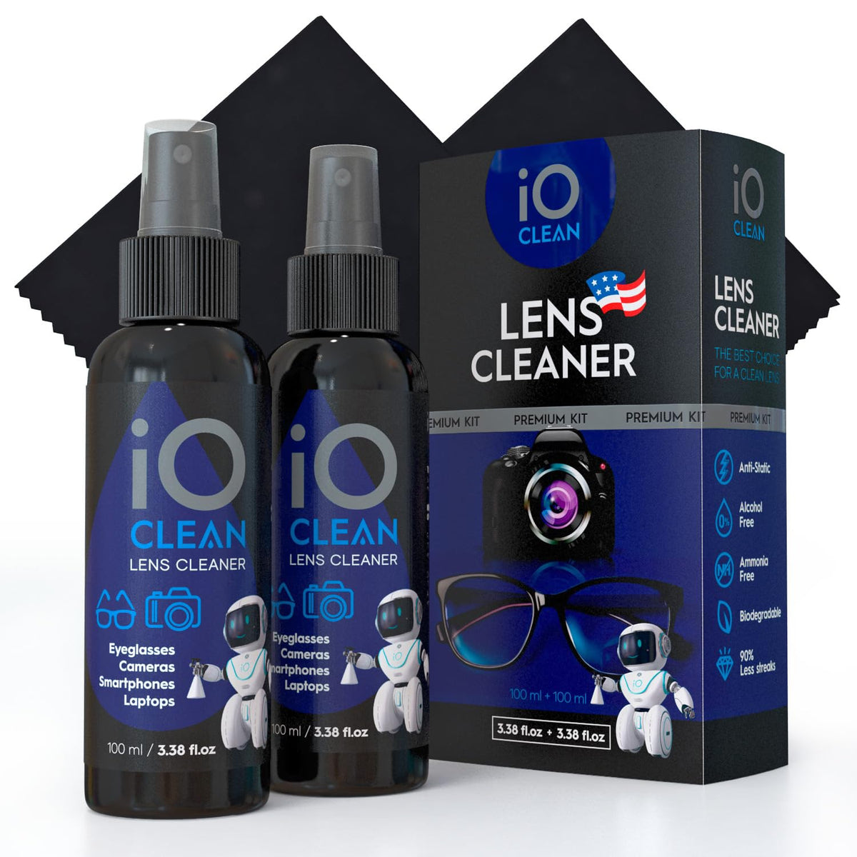 iO CLEAN limpiador para lentes en atomizador, deja superficies sin rayas.
