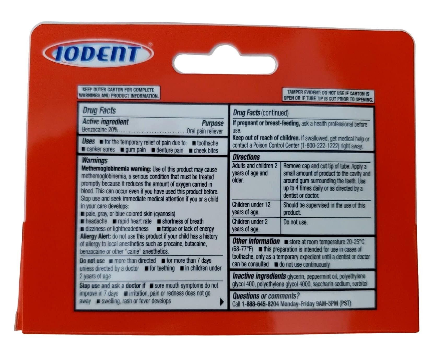 IODENT: comparación visual con ORAJEL para referencia de ingrediente activo.