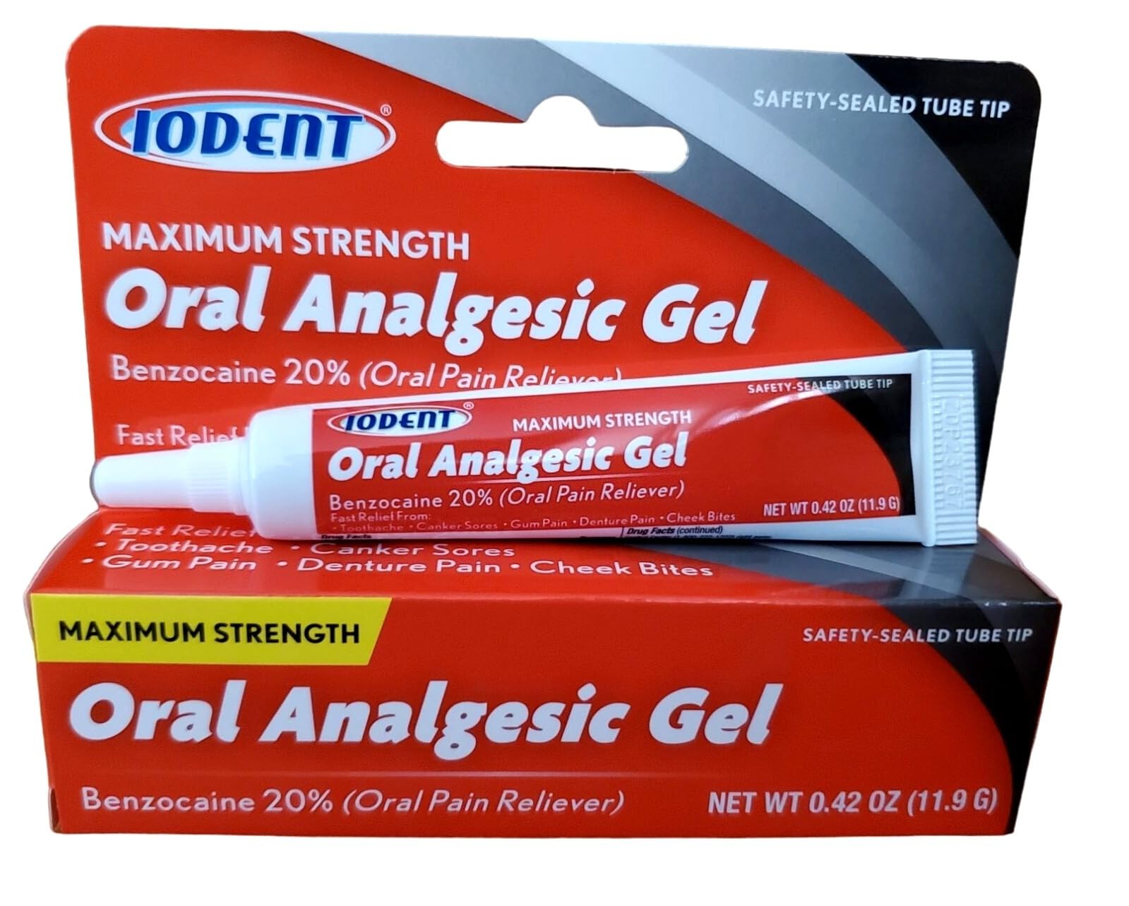 IODENT: empaque del gel analgésico oral para alivio temporal del dolor dental.