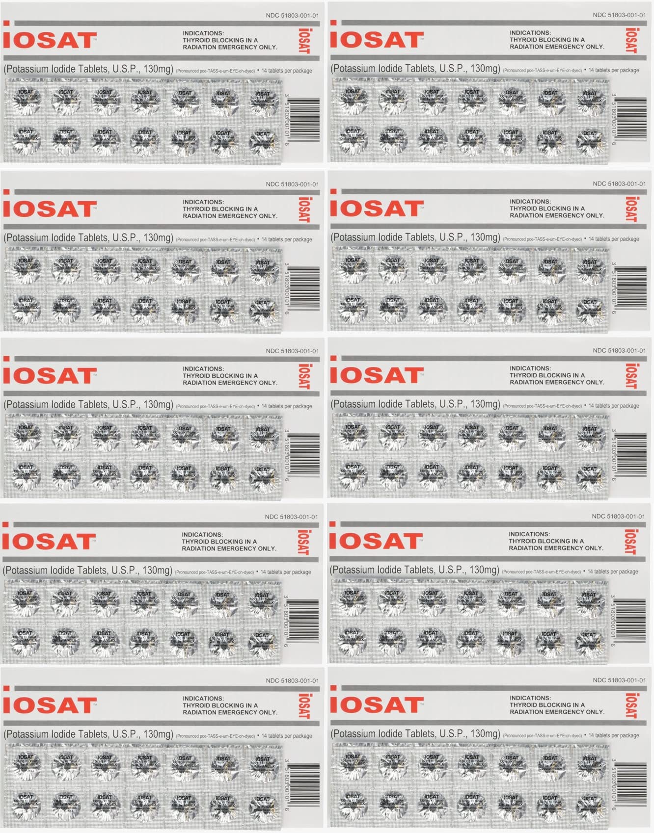 IOSAT tabletas de ioduro de potasio 130 mg en empaque, ideal para kit de emergencia.