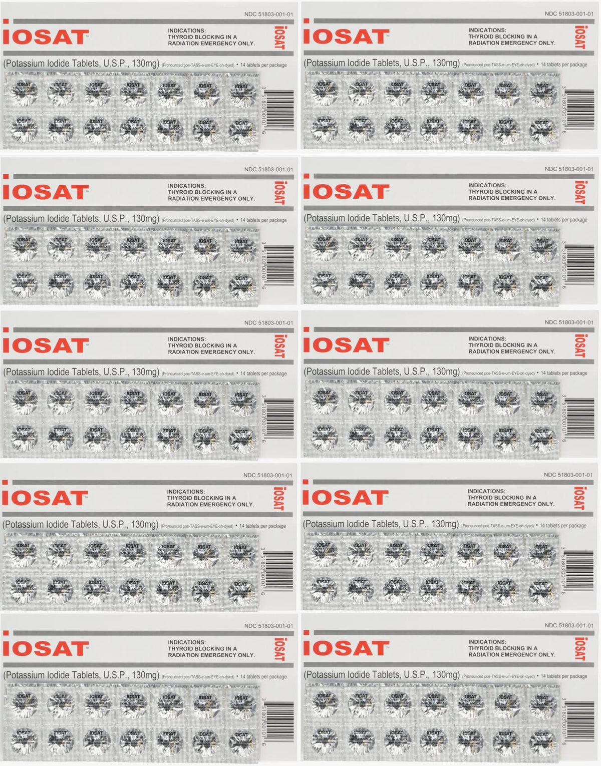 IOSAT tabletas de ioduro de potasio 130 mg en empaque, ideal para kit de emergencia.