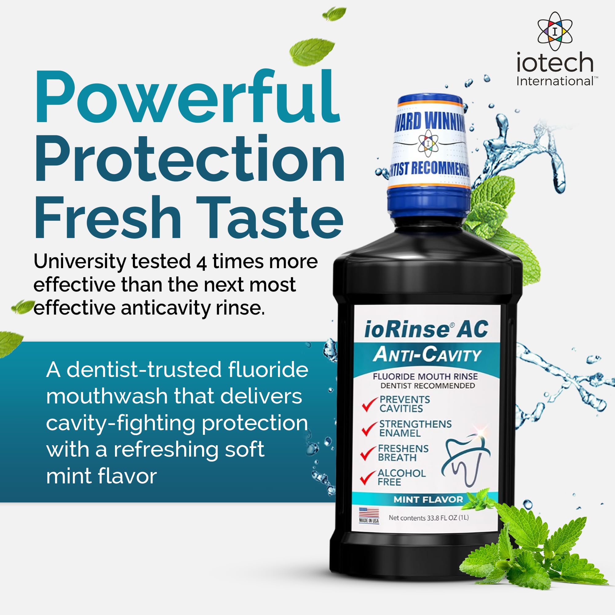 ioRinse AC de Iotech: detalle de etiqueta que indica sin alcohol y aroma a menta