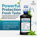 ioRinse AC de Iotech: detalle de etiqueta que indica sin alcohol y aroma a menta