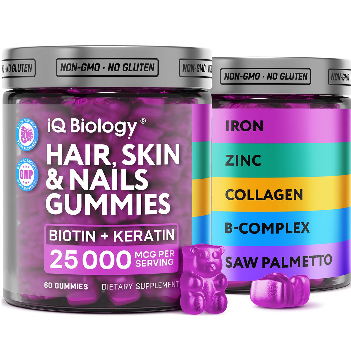 IQ Biology Biotina gominolas para cabello más fuerte y brillo natural.