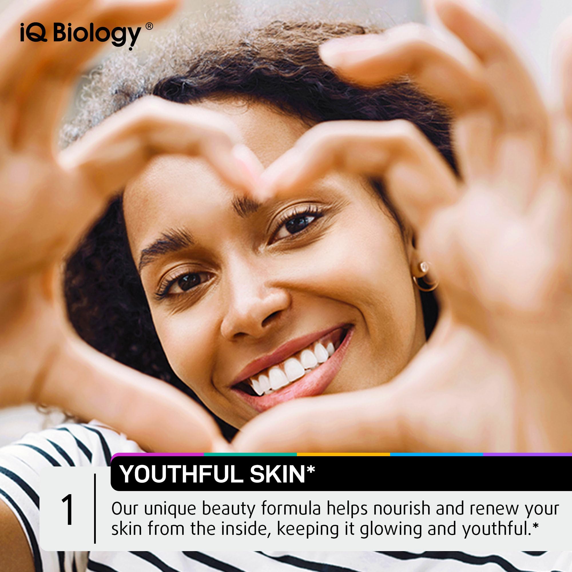 IQ Biology Ingredientes clave como colageno, biotina y zinc para belleza.