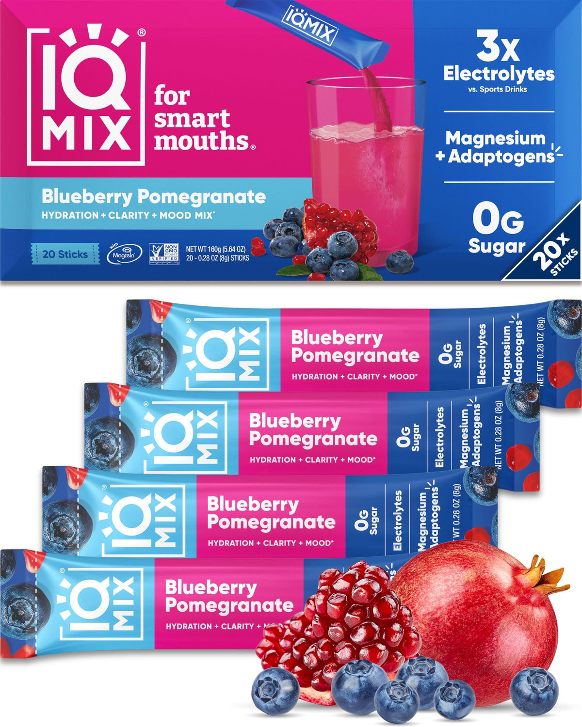 IQMIX: paquetes individuales para hidratación portátil, ideal para llevar y mantenerse hidratado.