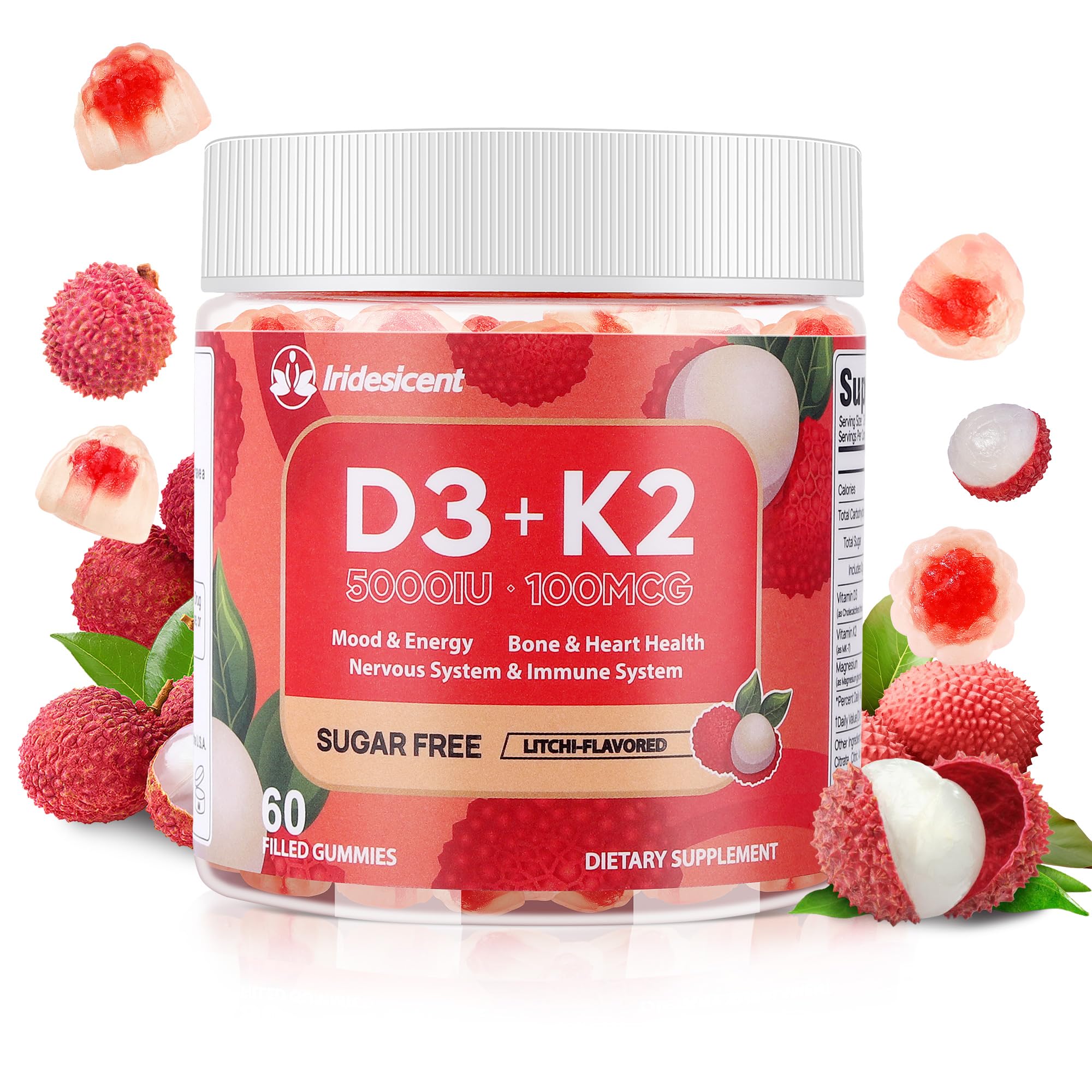 iridesicent gominolas d3-k2 en botella, apoyo diario para huesos