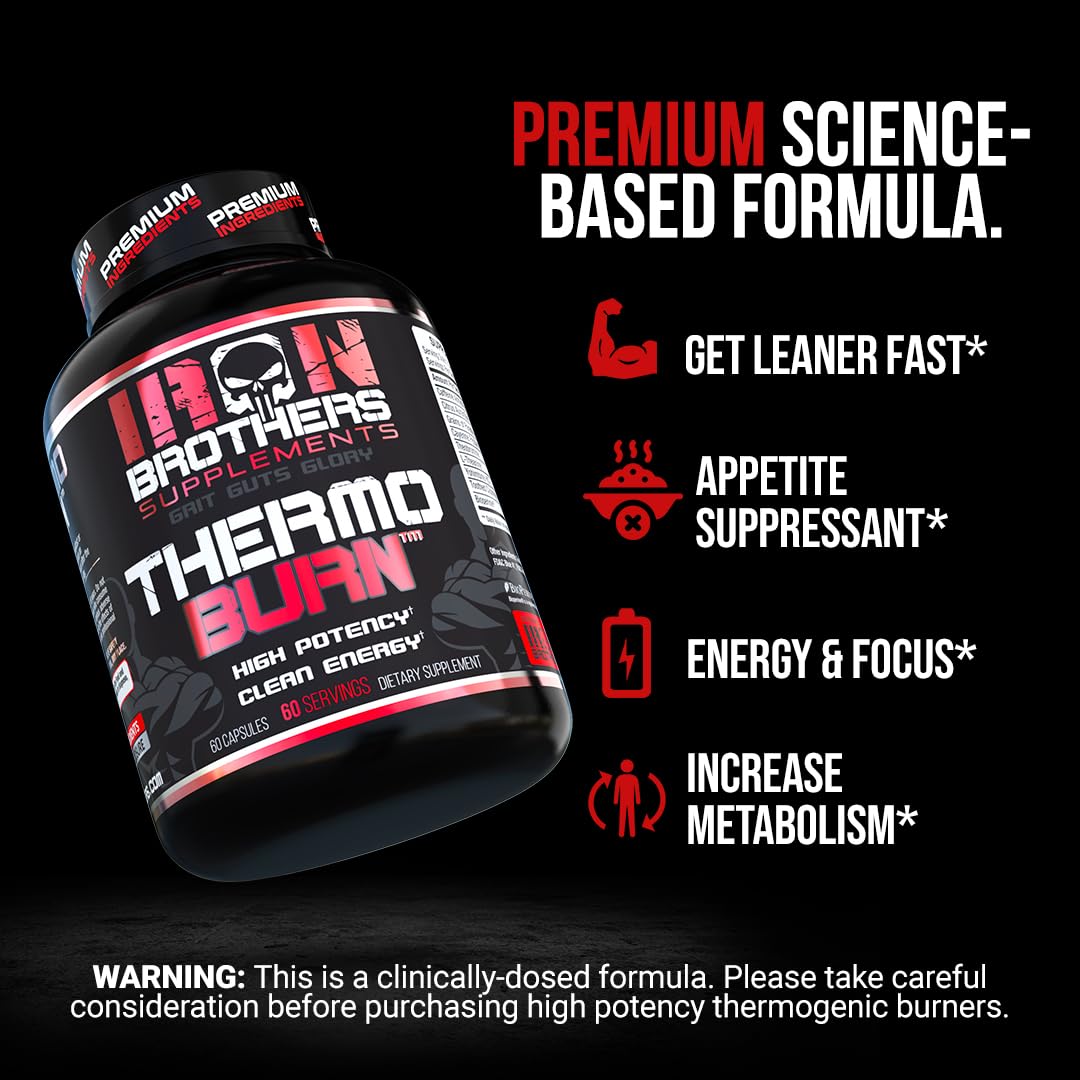 Etiqueta de Iron Brothers Thermo Burn Hardcore destaca cafeína y yohimbina para energía enfocada.