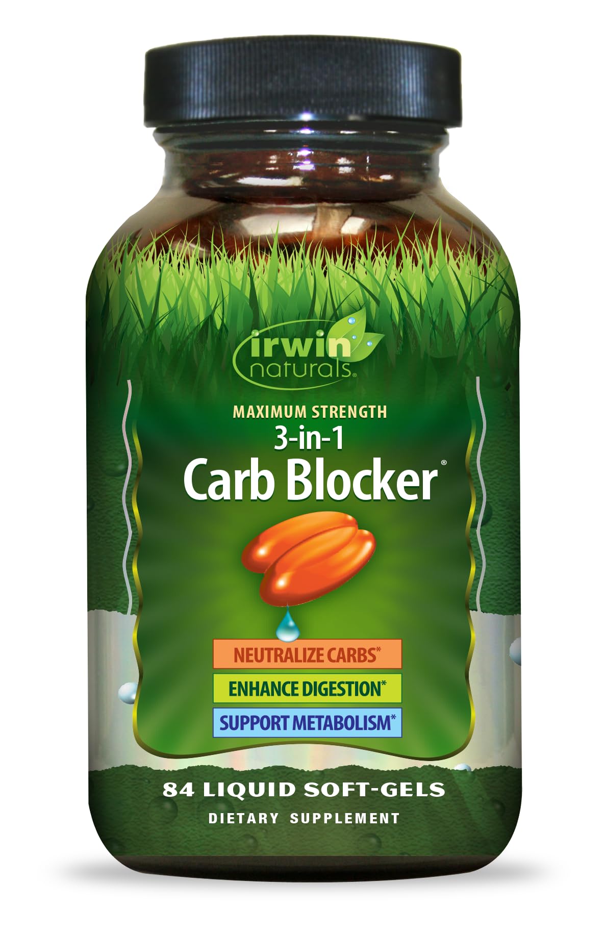 Frasco de Irwin Naturals 3 en 1 bloqueador de carbohidratos en primer plano.