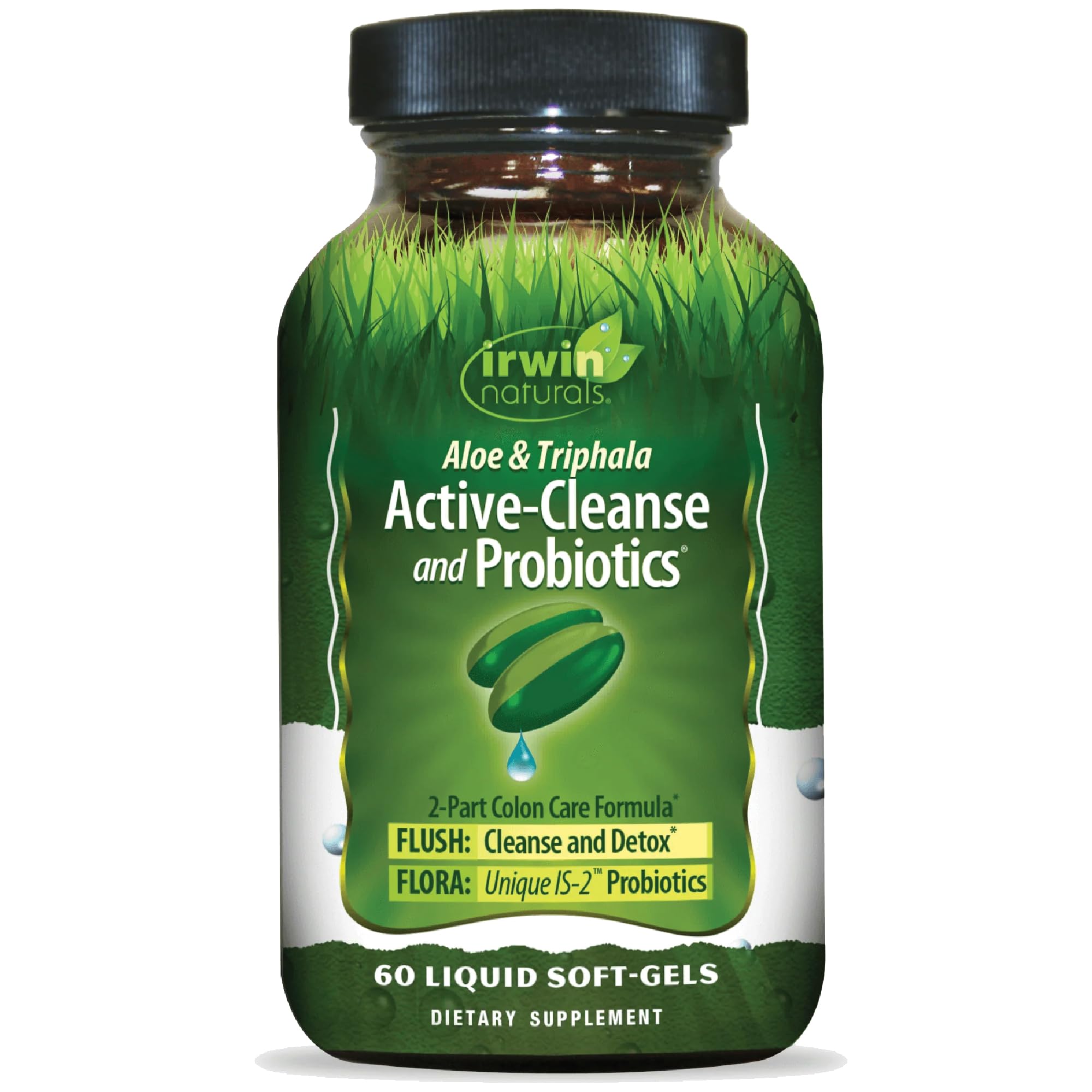 Irwin Naturals Aloe y Triphala, botella de limpieza suave para apoyo digestivo.