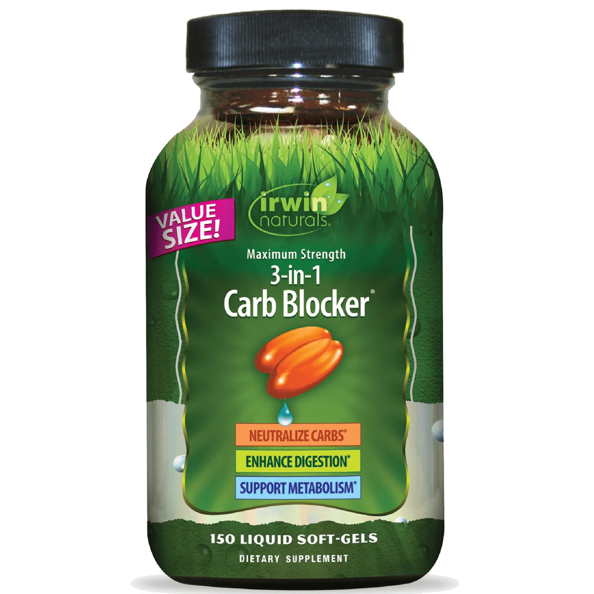 Irwin Naturals bloqueador de carbohidratos 3-en-1 en botella facilita la planificación de comidas.