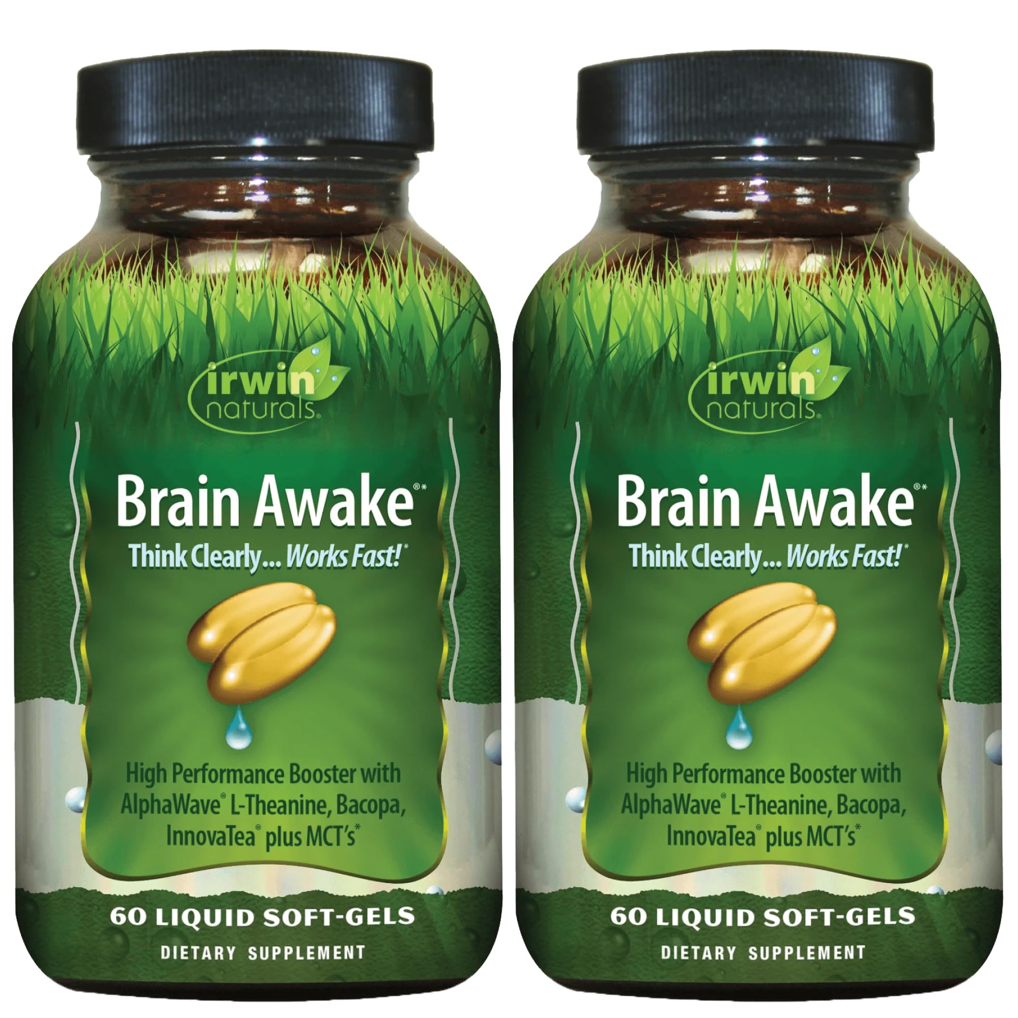 Irwin Naturals Brain Awake botella close-up para claridad mental