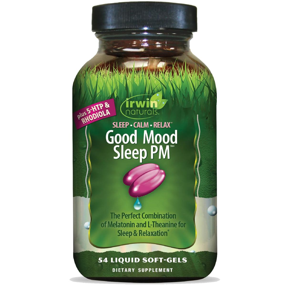 Botella de Irwin Naturals Good Mood Sleep PM para descanso nocturno y relajación.