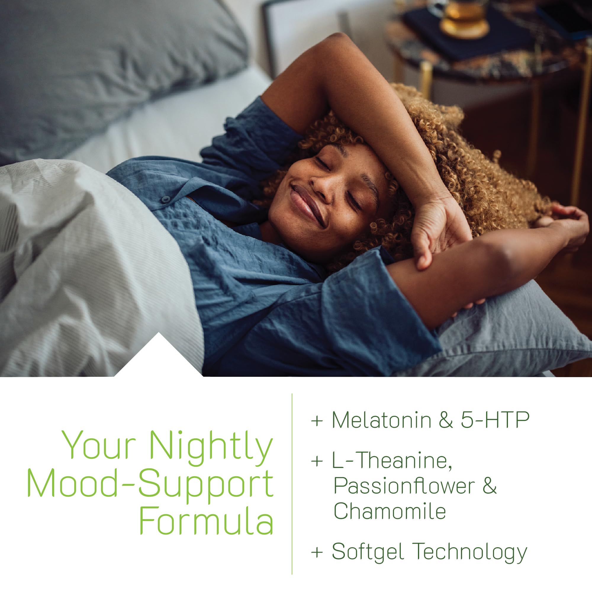 Capsula líquida suave de Good Mood Sleep PM fácil de tragar para dormir más tranquilo.