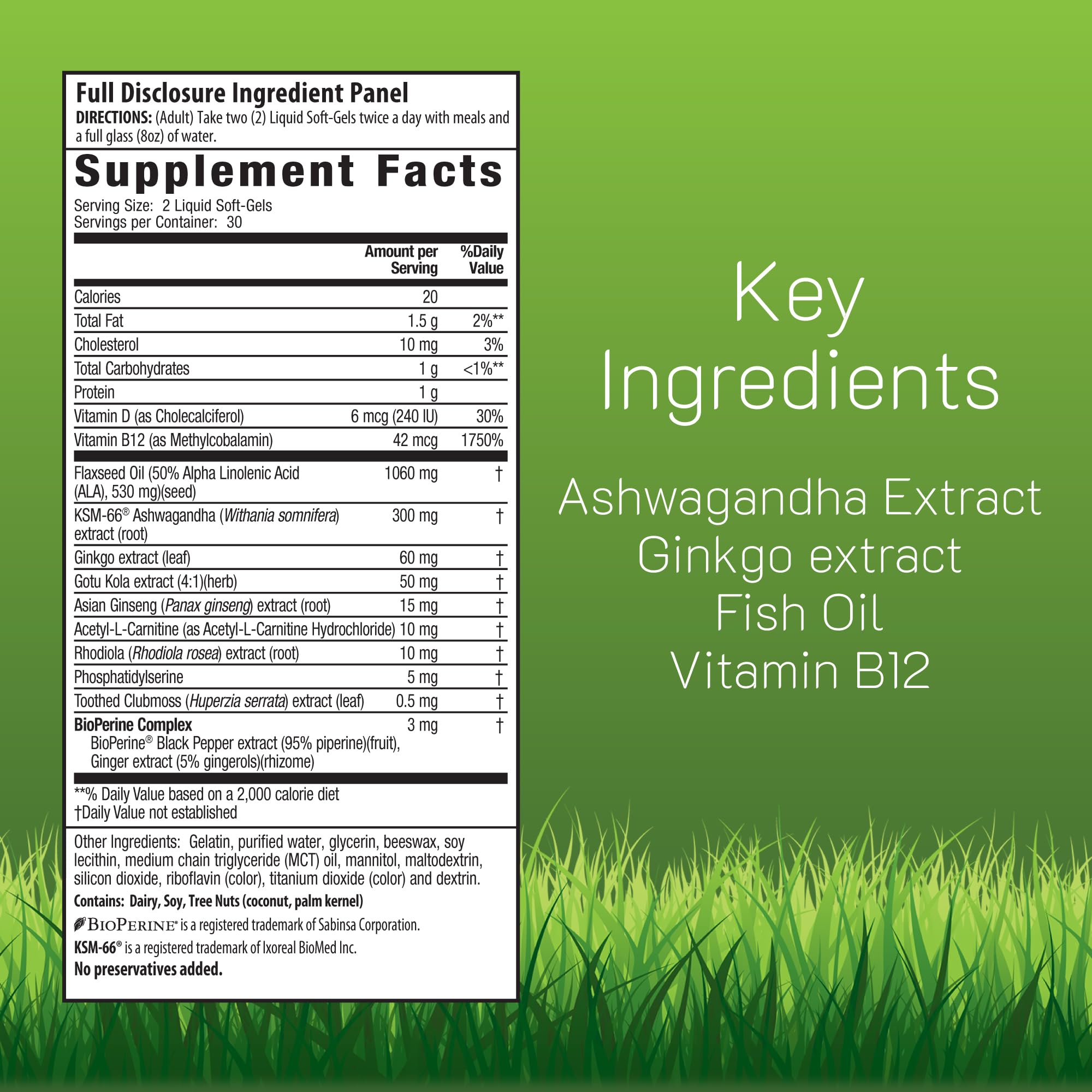 Irwin Naturals Claridad Mental: etiqueta que resalta ingredientes clave para apoyo cognitivo potencial.