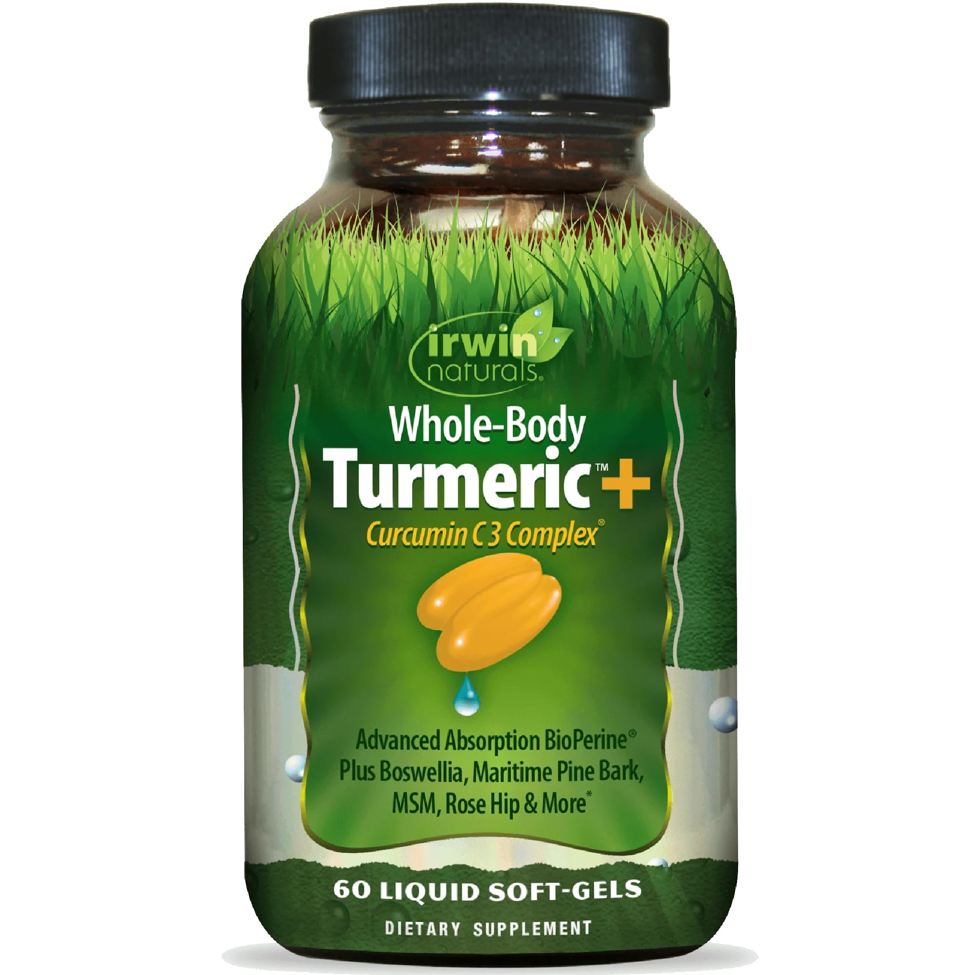 Botella Irwin Naturals Curcuma muestra dosis diarias para el bienestar general.