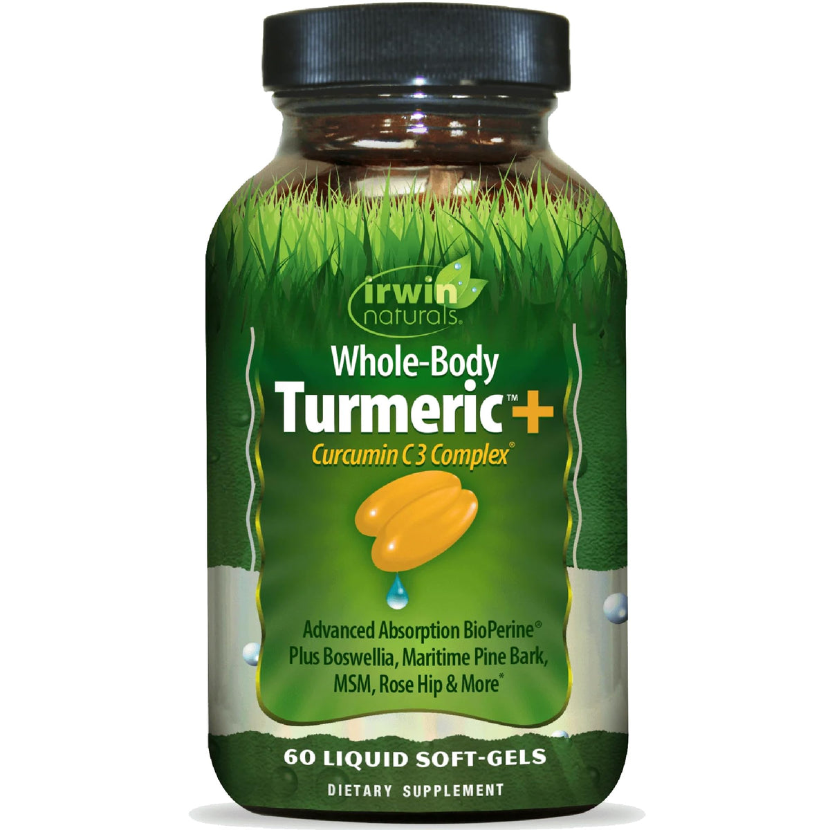 Botella Irwin Naturals Curcuma muestra dosis diarias para el bienestar general.