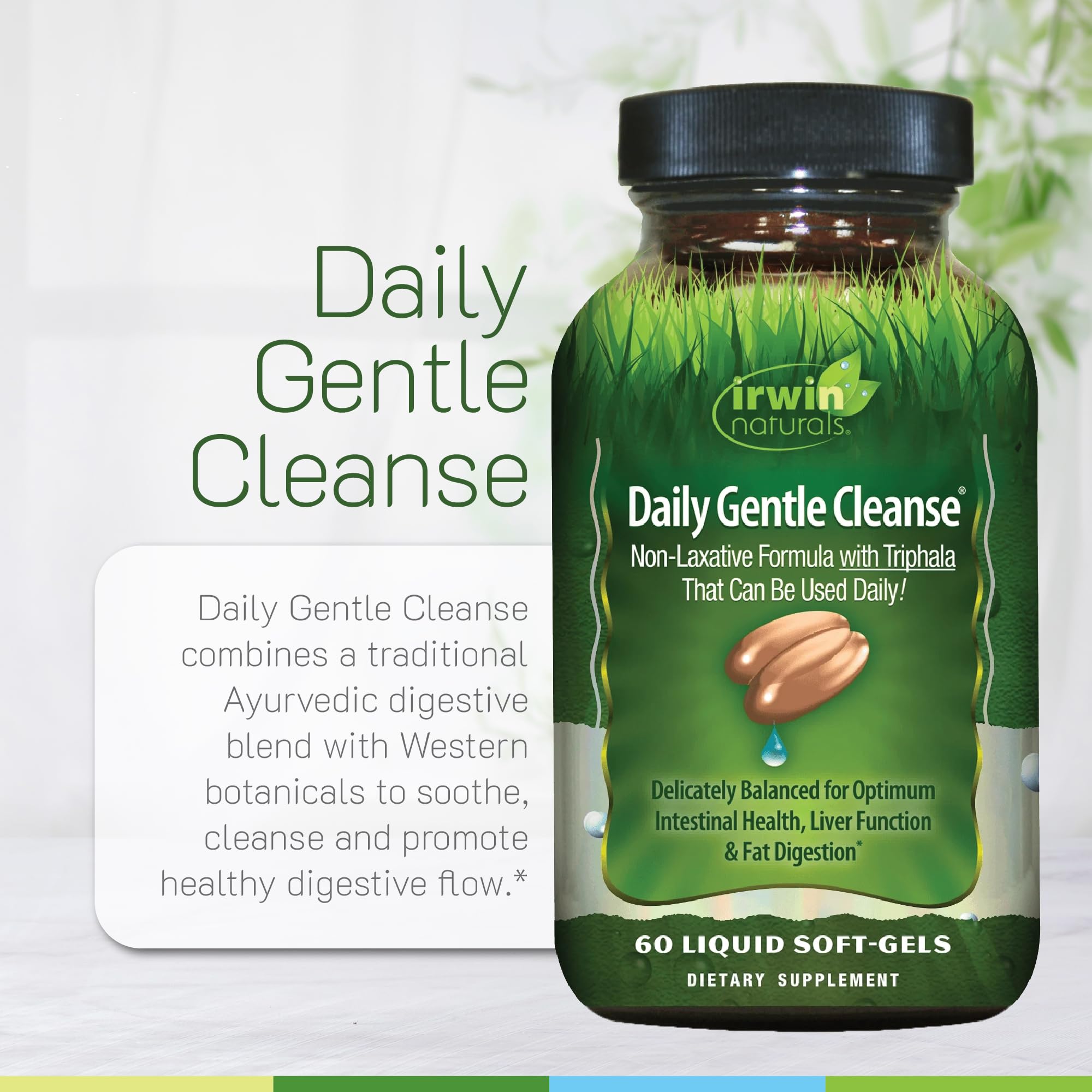 Irwin Naturals Daily Gentle Cleanse, ingredientes clave como Triphala y jengibre resaltados