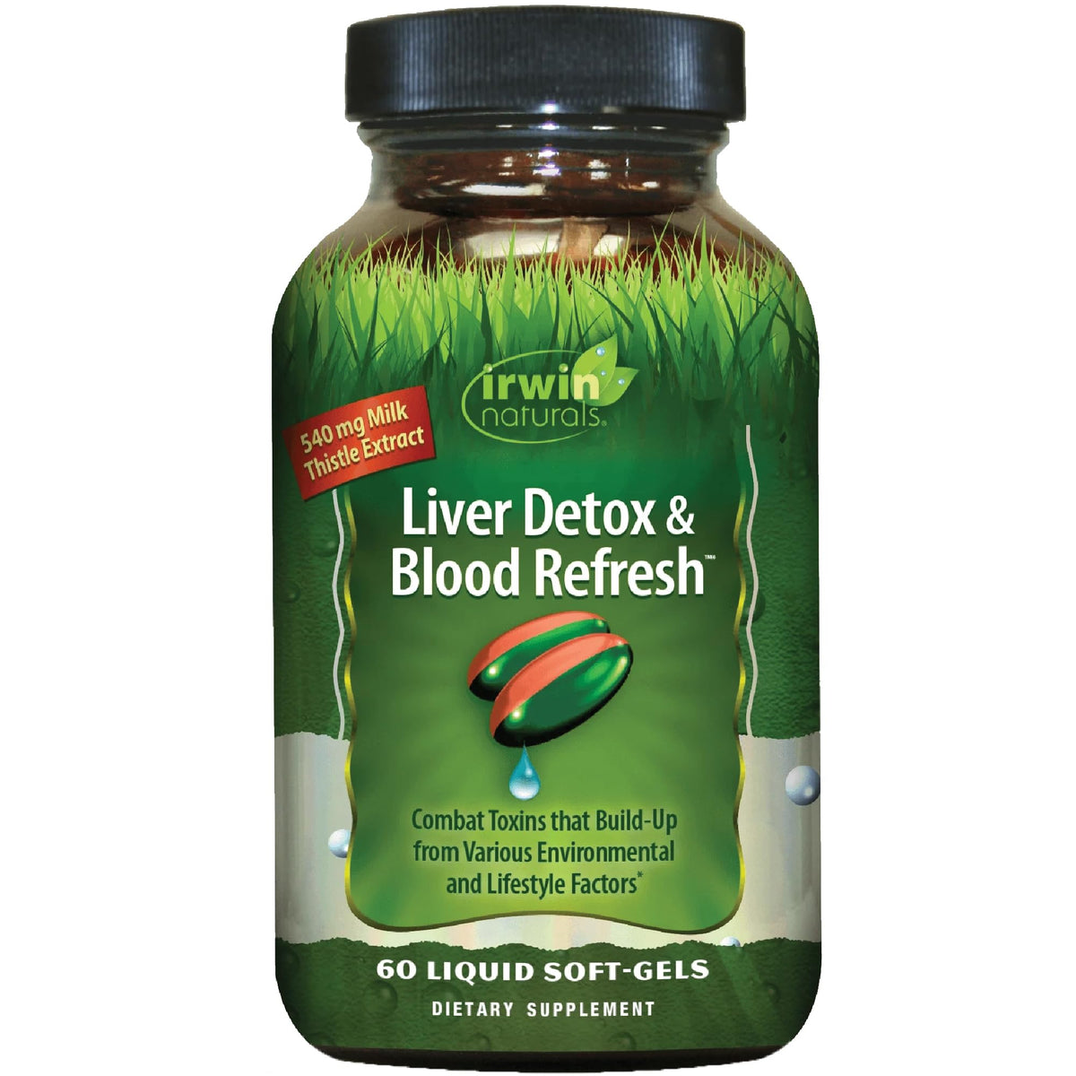 Irwin Naturals desintoxicación hepática, botella vertiendo, posible apoyo diario.