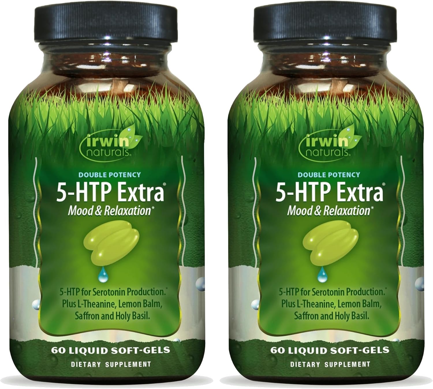 Irwin Naturals Double Potencia 5-HTP Extra, cápsulas líquidas para bienestar diario.