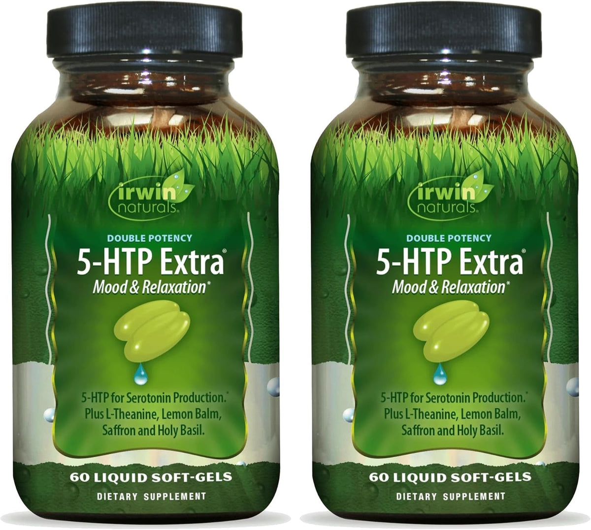 Irwin Naturals Double Potencia 5-HTP Extra, cápsulas líquidas para bienestar diario.