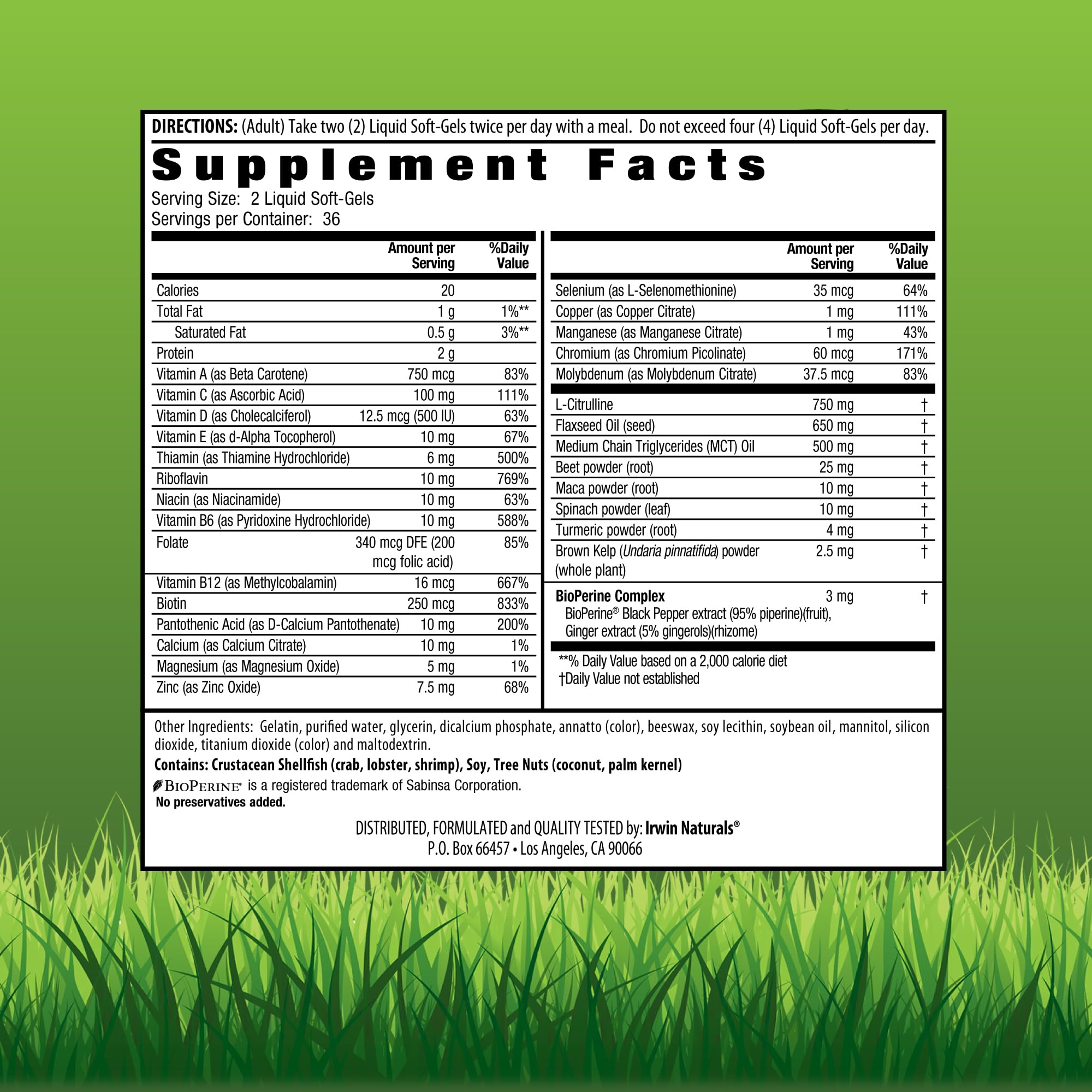 Irwin Naturals etiqueta frontal de la botella, informativa y clara para elegir tu dosis.