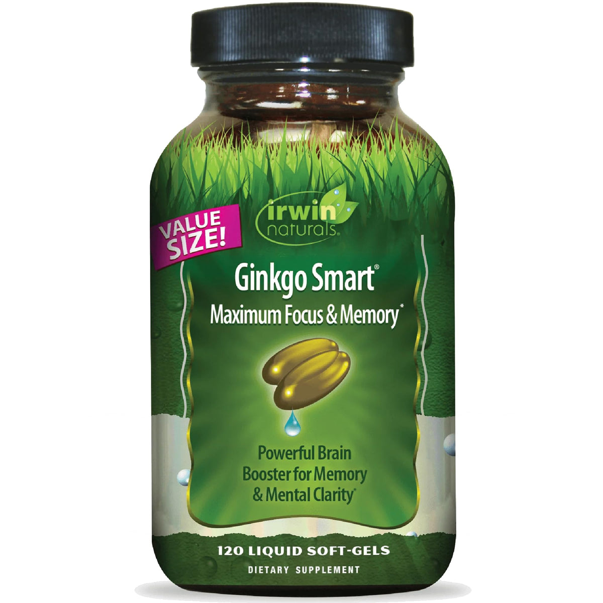 Irwin Naturals Ginkgo Smart, botella visible, promueve claridad mental durante tareas diarias.