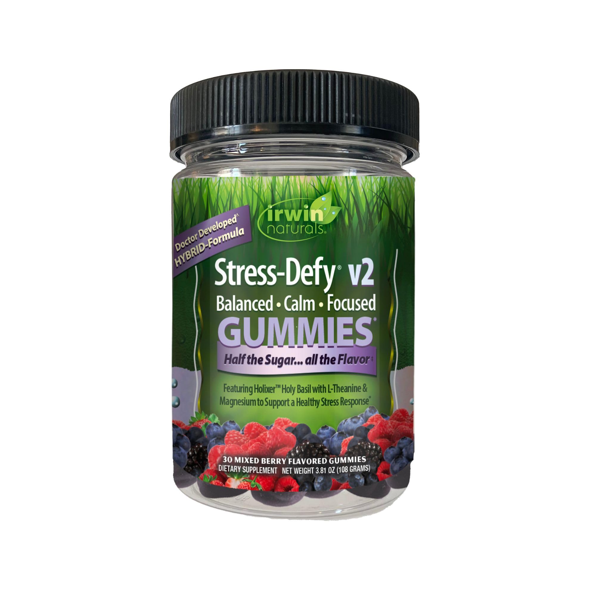 Gomitas Irwin Naturals Stress-Defy v2 en botella, calma y concentración diarias