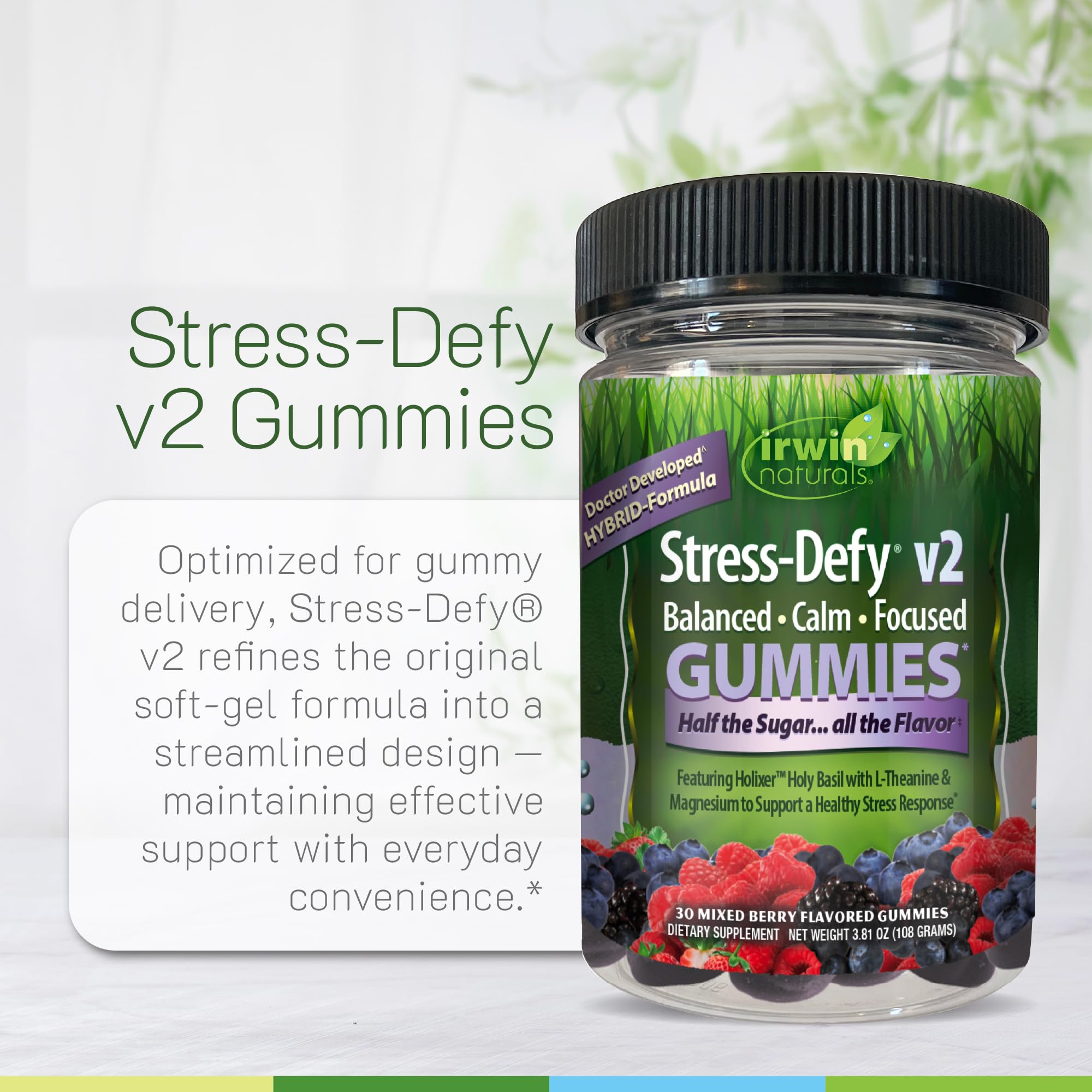Primer plano de textura de gomitas Irwin Naturals Stress-Defy v2, suave y agradable