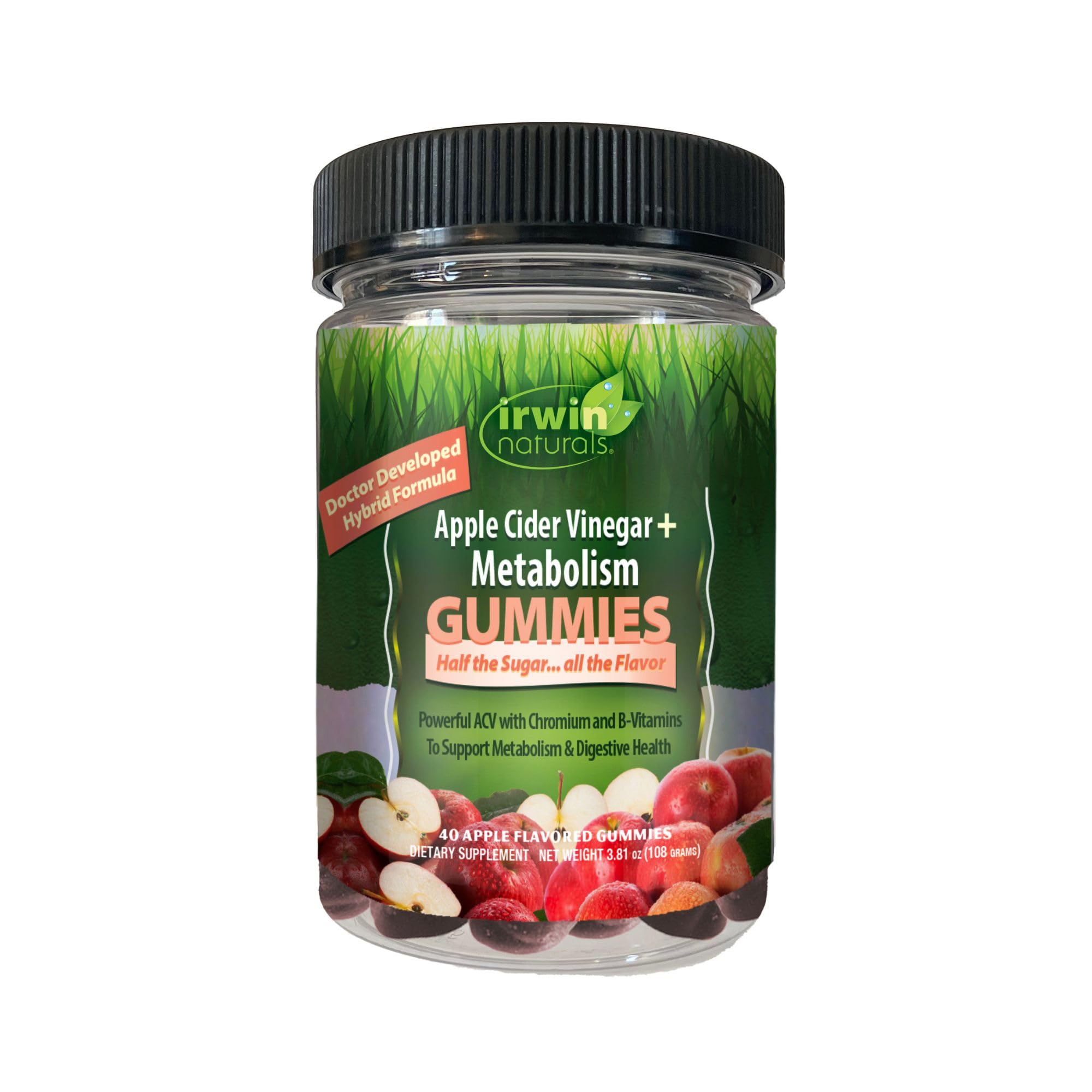 Gomitas Irwin Naturals Vinagre de Manzana, botella visible, posible apoyo metabólico