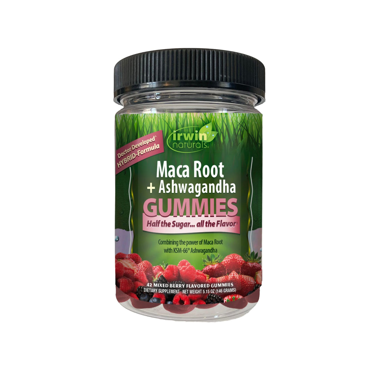 Gomitas Irwin Naturals con maca y ashwagandha en empaque atractivo para vitalidad diaria.