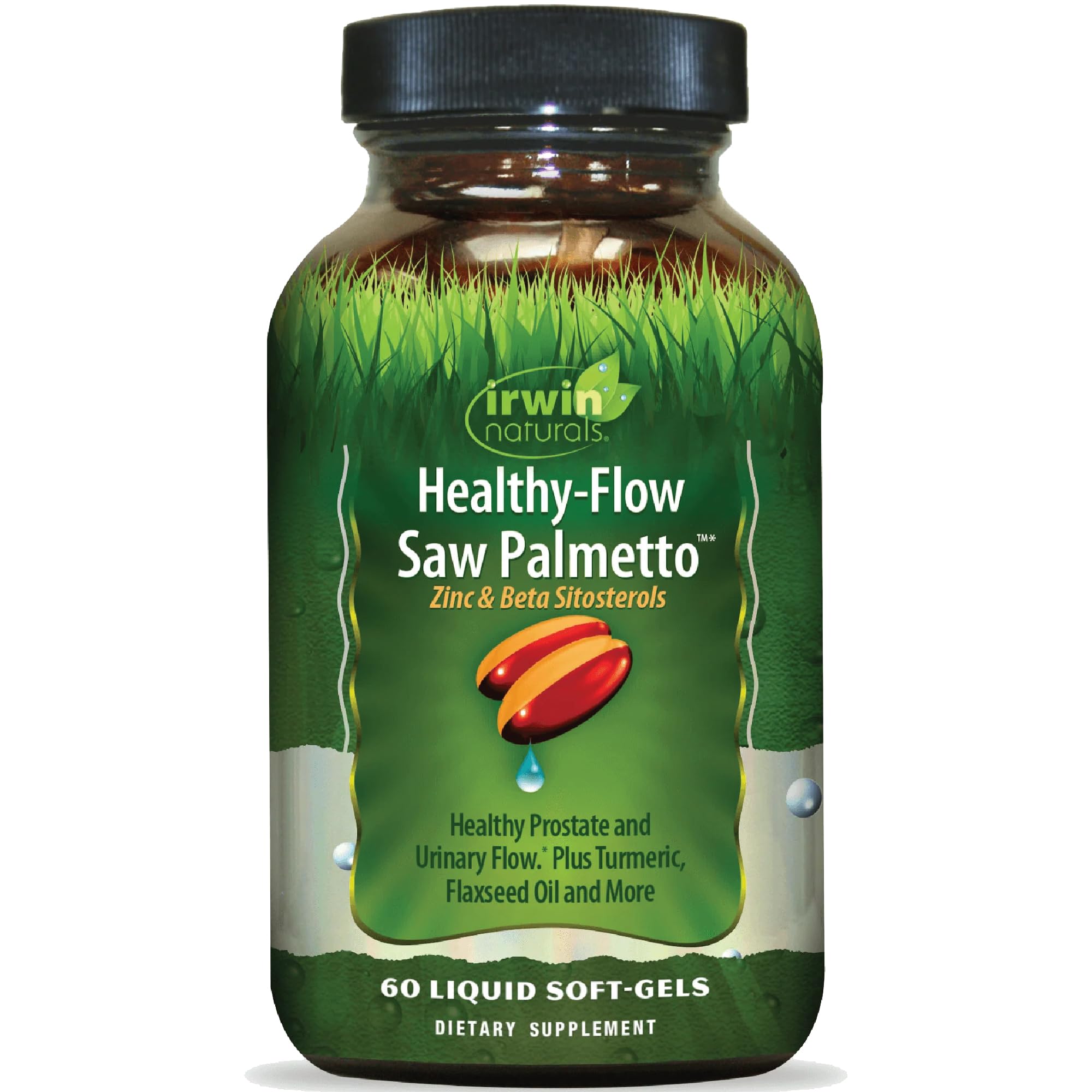 Botella de Irwin Naturals Healthy-Flow Saw Palmetto lista para uso diario.