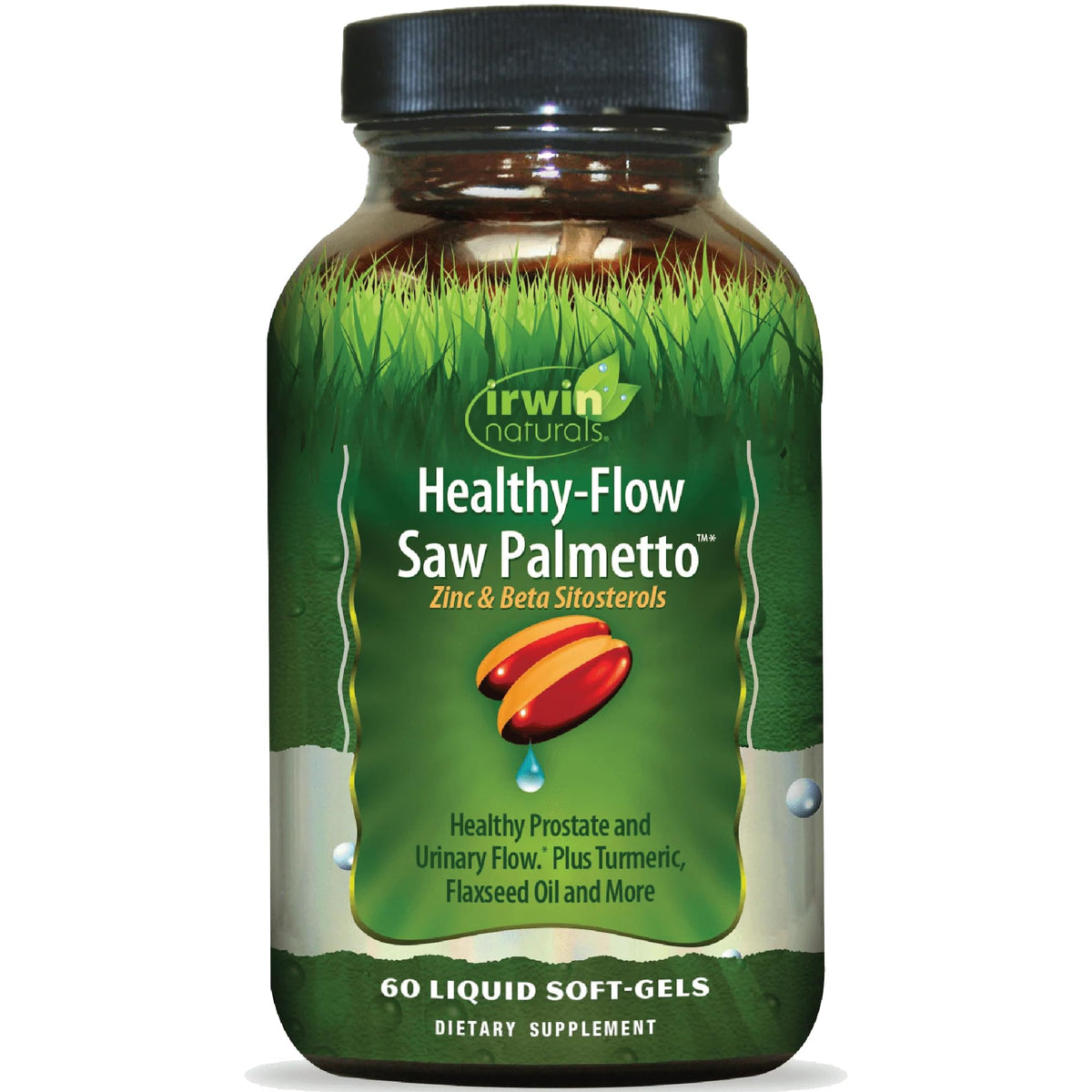 Botella de Irwin Naturals Healthy-Flow Saw Palmetto lista para uso diario.