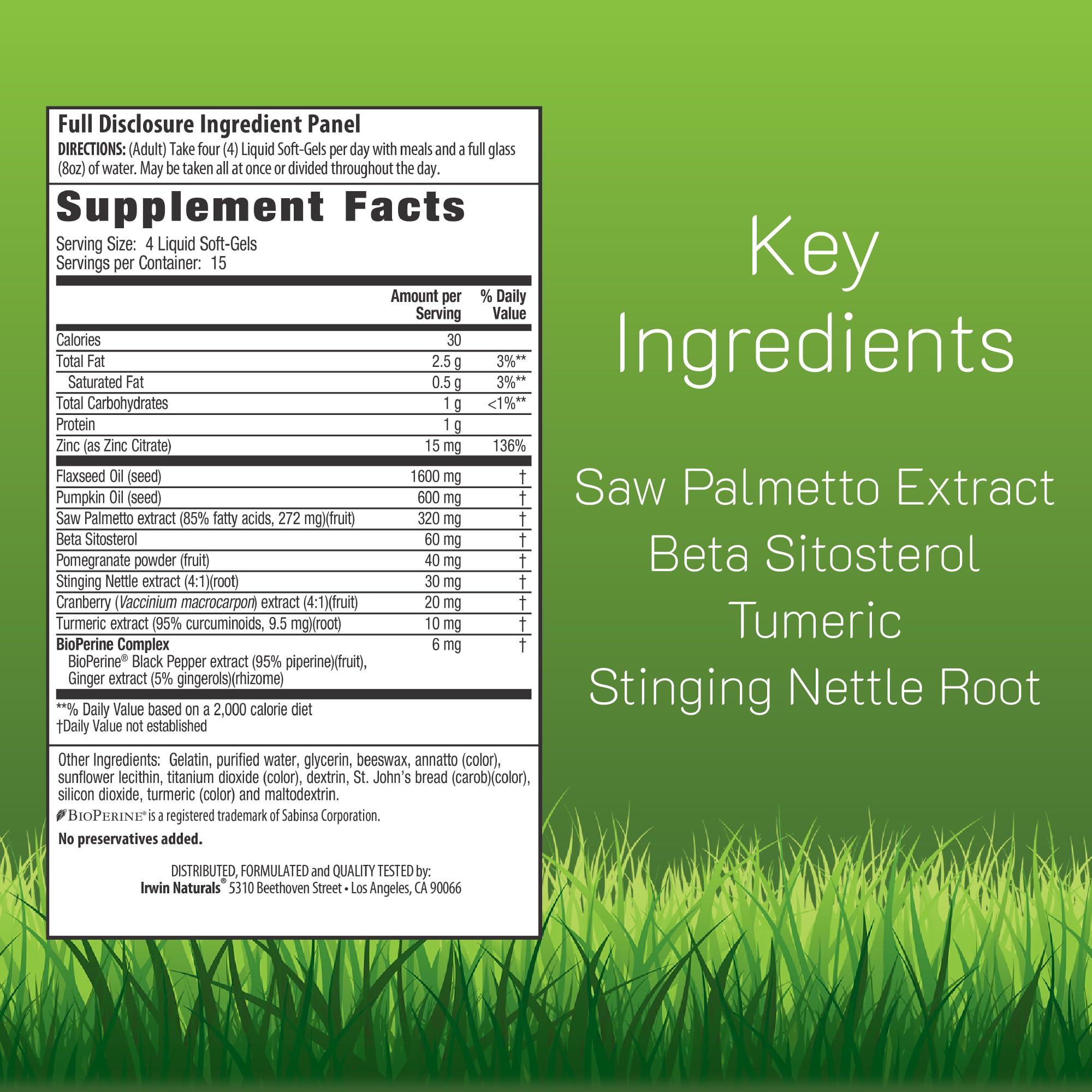 Etiqueta frontal de Irwin Naturals Healthy-Flow Saw Palmetto destacando ingredientes naturales.