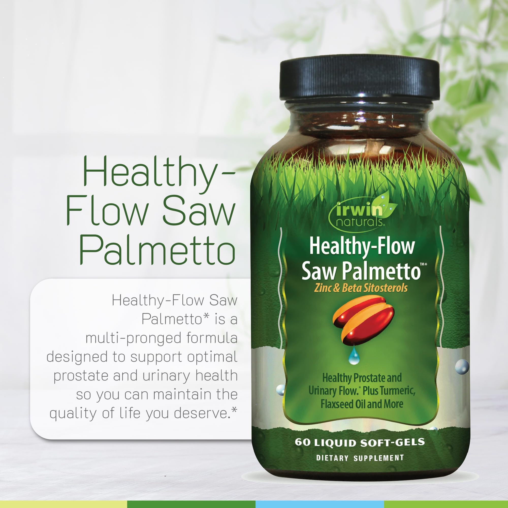 Primer plano de ingredientes clave de Irwin Naturals Healthy-Flow Saw Palmetto para apoyar la próstata.