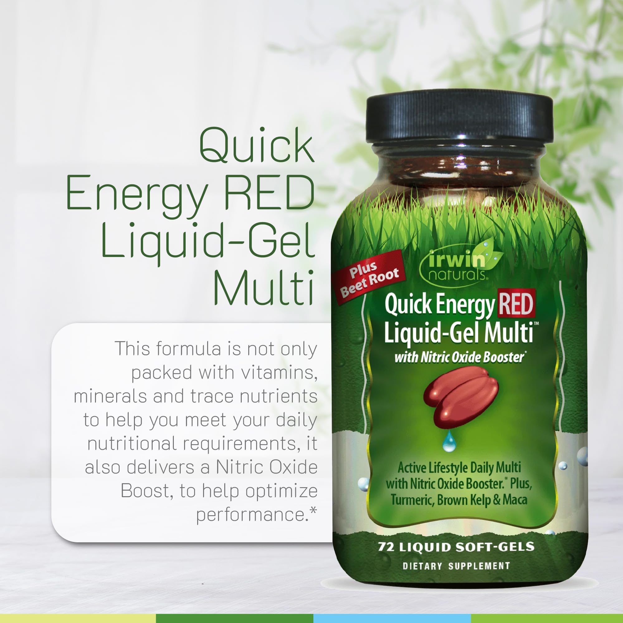 Irwin Naturals maca, remolacha y cúrcuma, ingredientes clave para energía natural.