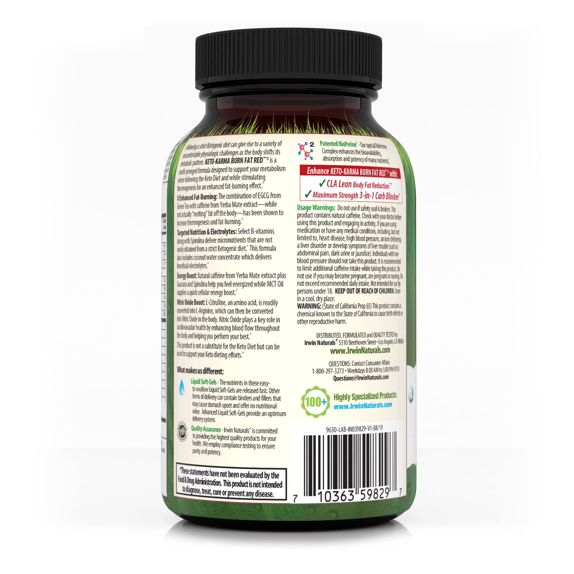 Irwin Naturals Keto-Karma Burn Fat Red etiqueta muestra EGCG y guaraná.