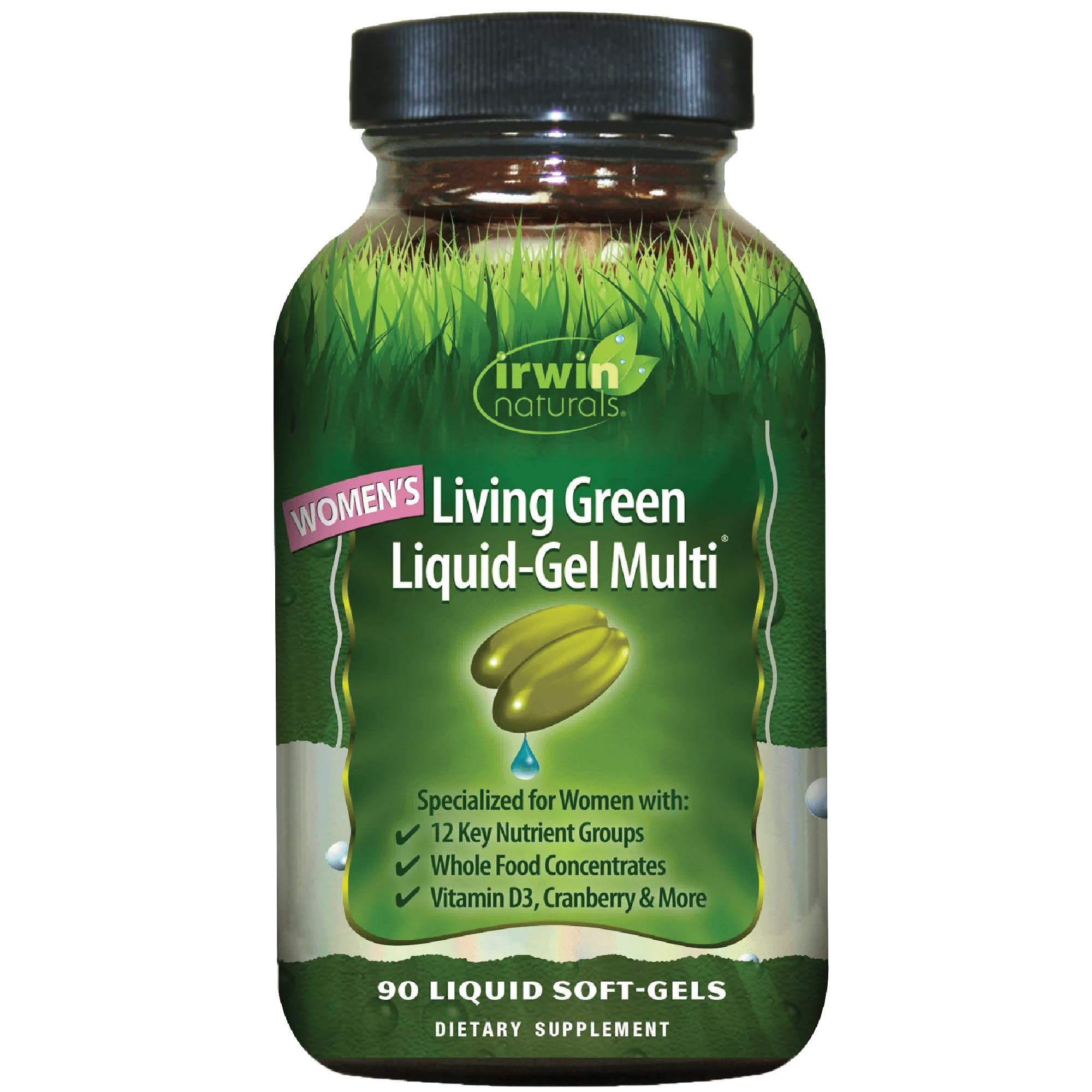 Irwin Naturals Living Green, botella vertiendo, entrega nutrientes de forma rápida para mujeres.