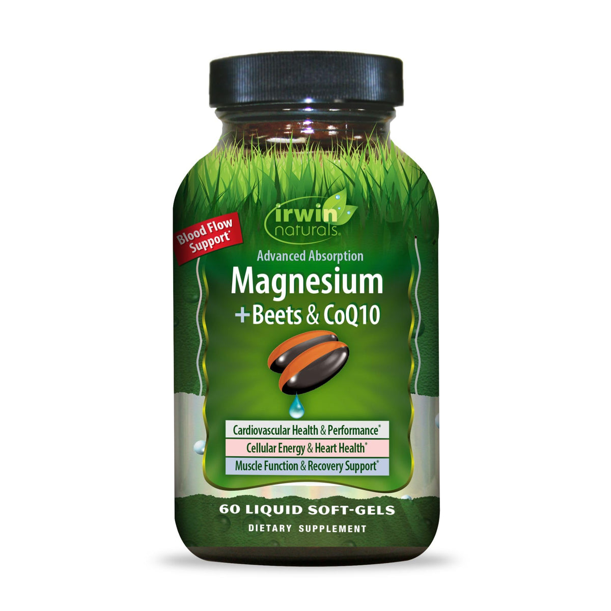Irwin Naturals Magnesium + Remolacha CoQ10, envase de cápsulas blandas, favorece energía diaria y circulación.