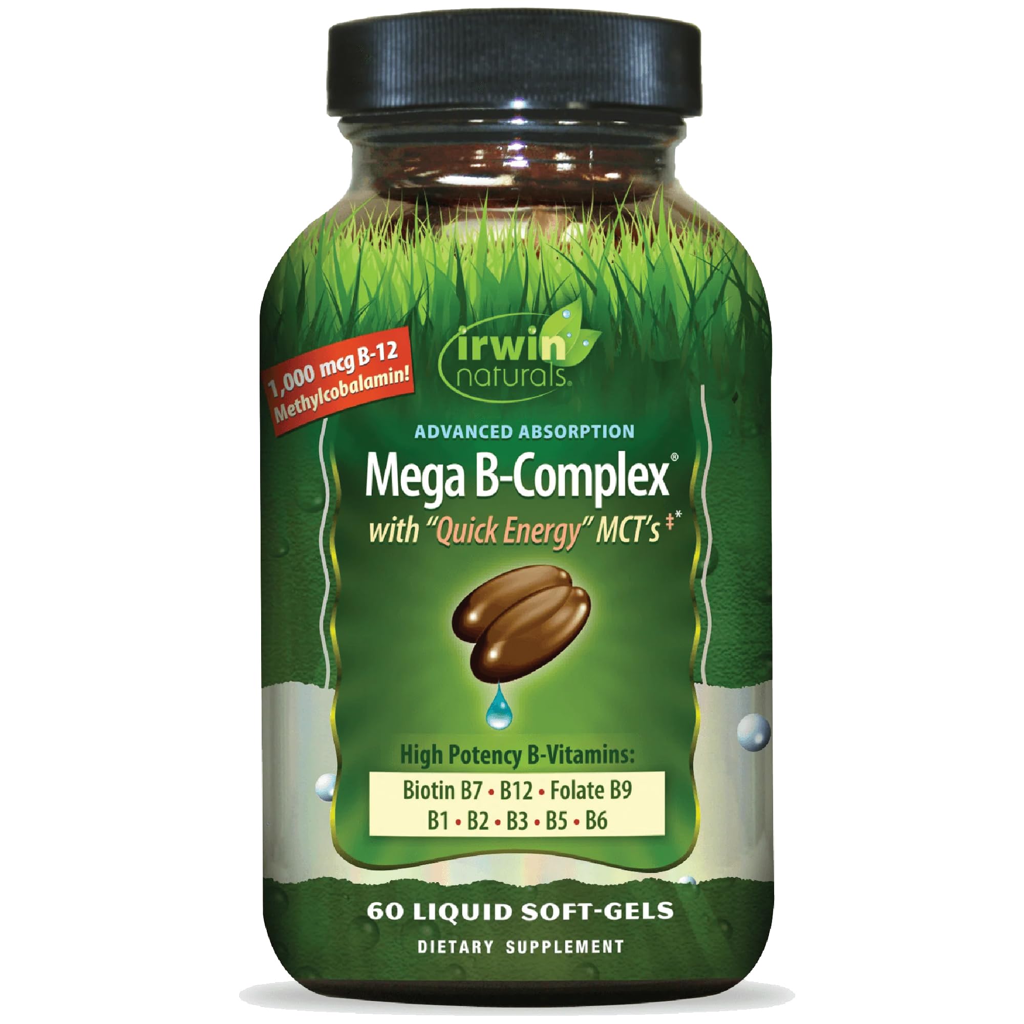 Irwin Naturals Mega B-Complex: botella frontal con información clara para uso diario.