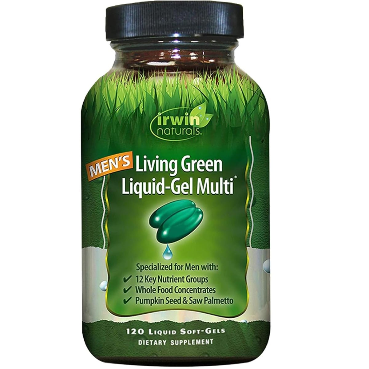 Irwin Naturals Living Green para hombres, botella visible, soporte nutricional diario.