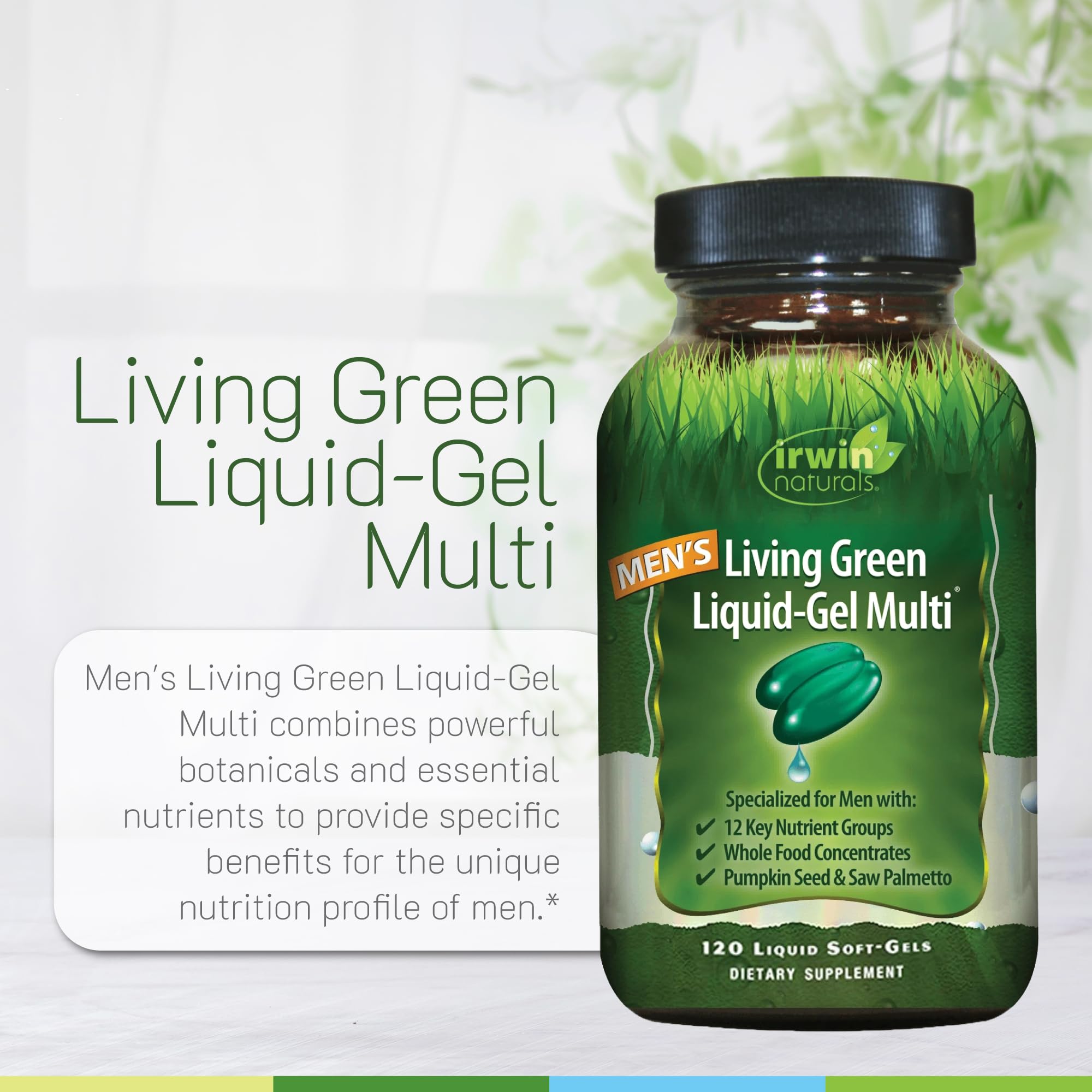 Listado de pastillas en envase de Irwin Naturals Living Green para hombres.
