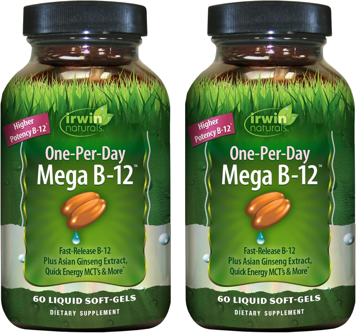 Frasco de Irwin Naturals One-Per-Day Mega B-12 con cápsulas softgel para energía diaria