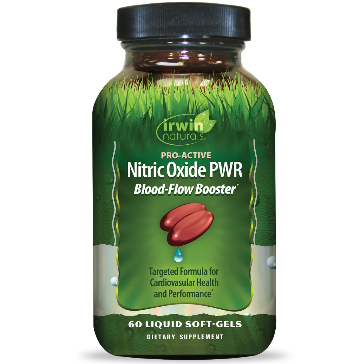Botella de Irwin Naturals Pro-Active Nitric Oxide PWR con cápsulas suaves.