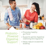 Probióticos Irwin Naturals en frasco, favorecen equilibrio intestinal y comodidad.