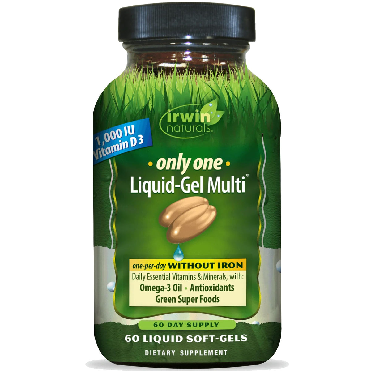 Irwin Naturals Solo Uno Gel Líquido Multi: botella sobre mesa, apoyo diario de nutrientes