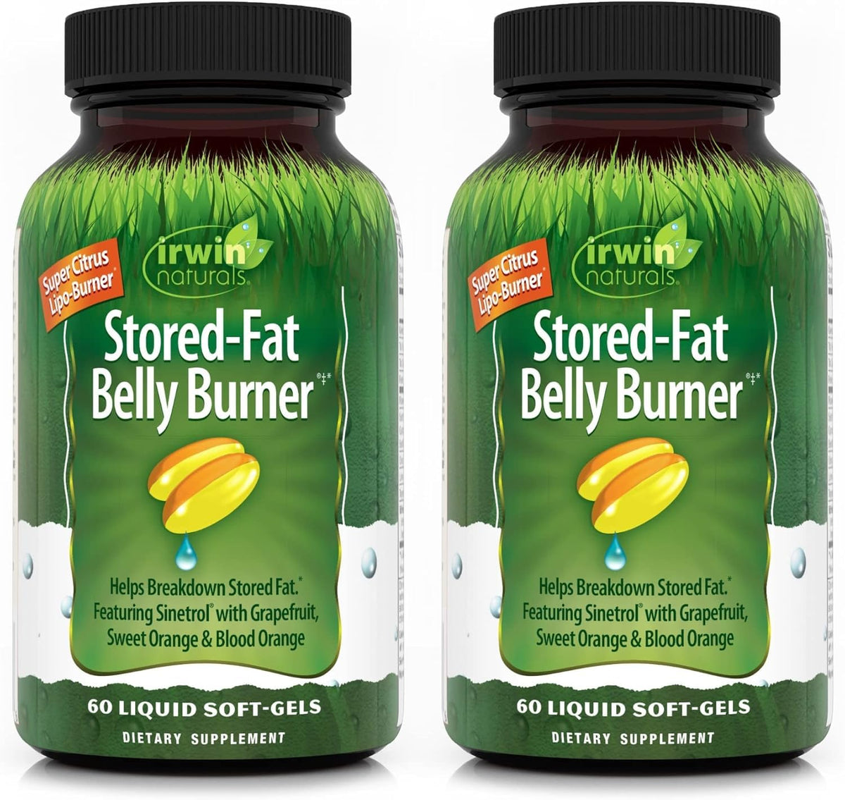 Irwin Naturals Stored-Fat Belly Burner, botella frontal, posible apoyo al metabolismo de grasa almacenada