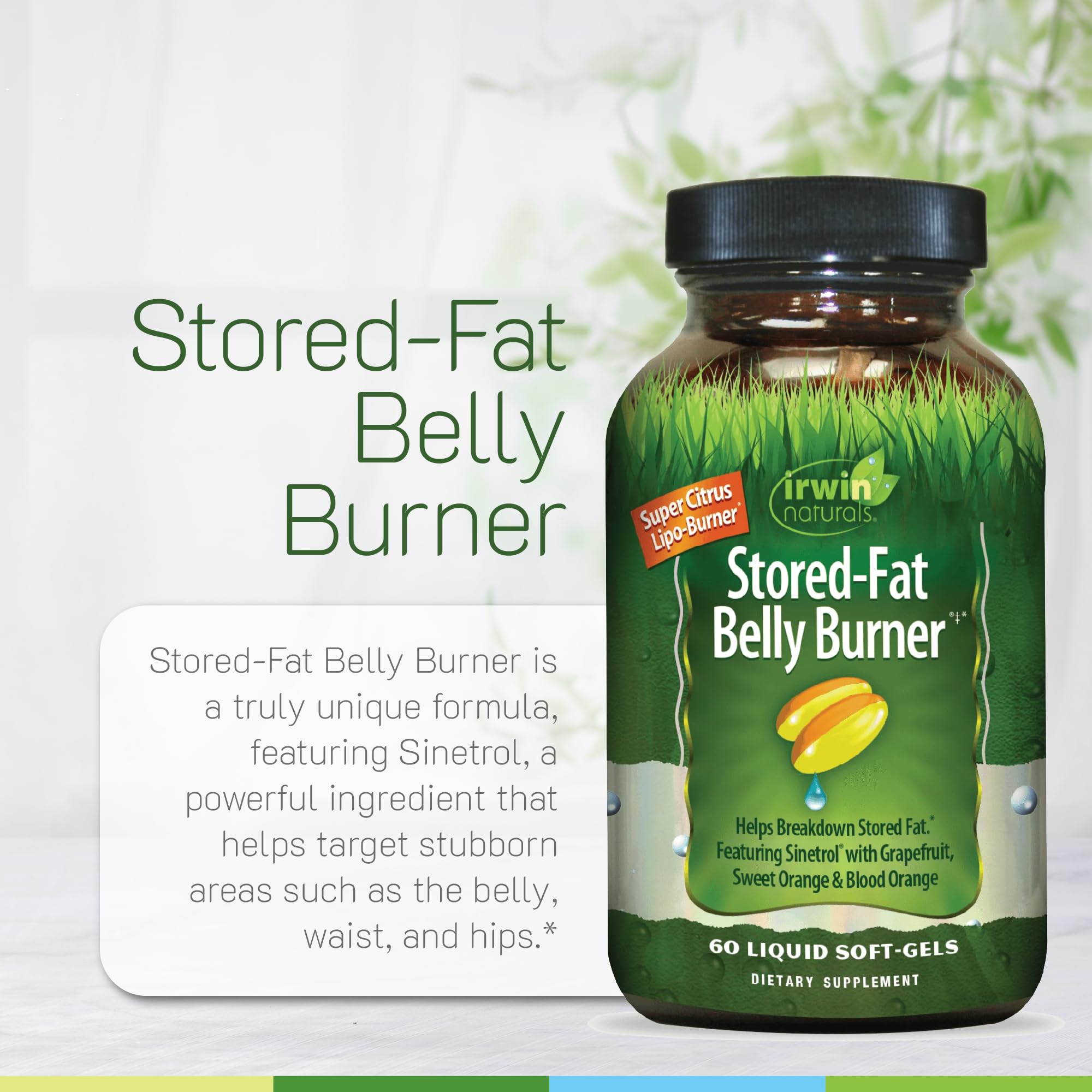 Vista superior de cápsulas mostradas, Irwin Naturals Stored-Fat Belly Burner para uso diario